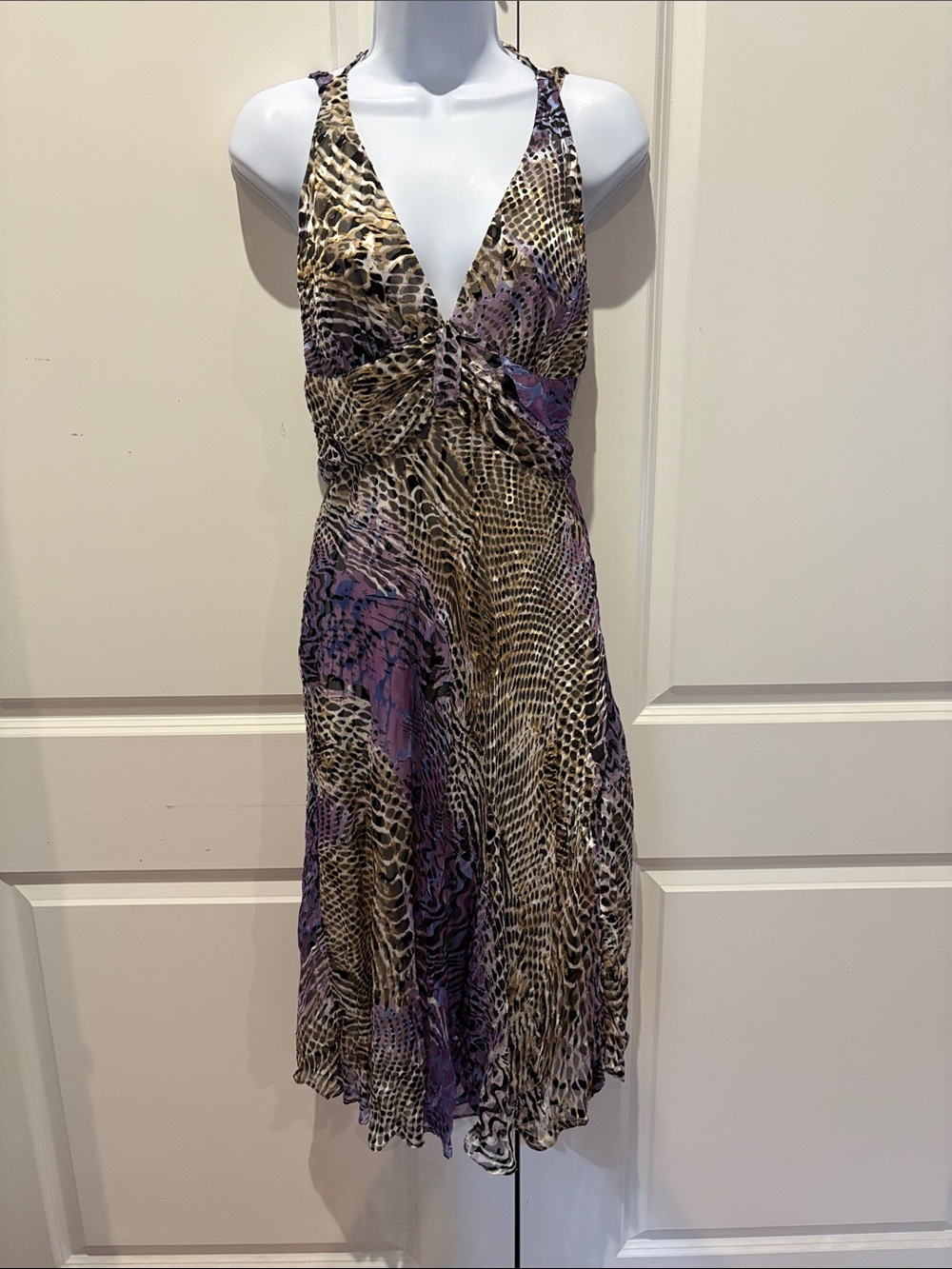 Joseph Ribkoff Purple and Tan Animal-Print Midi Halter Dress